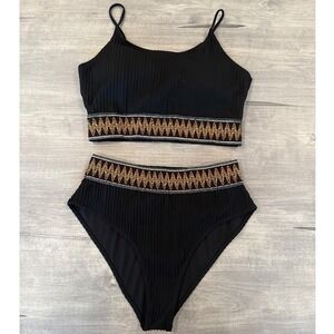 Black High Waist Bikini Set Two Piece Swimsuit Ribbed Full‎ Coverage Plus XXL